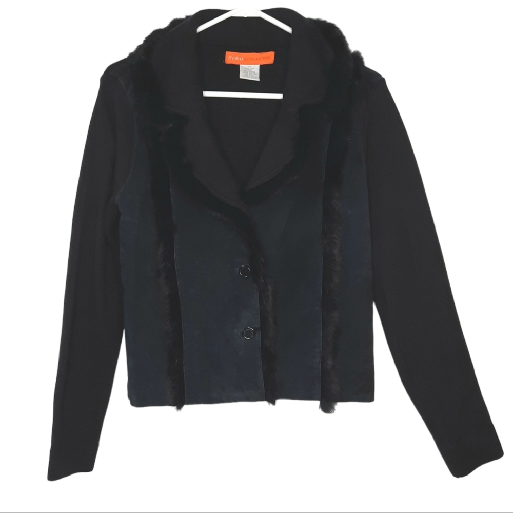 Cynthia Steffe Vtg Suede Rabbit Fur Trim Short Sweater Coat Black Womens Size M